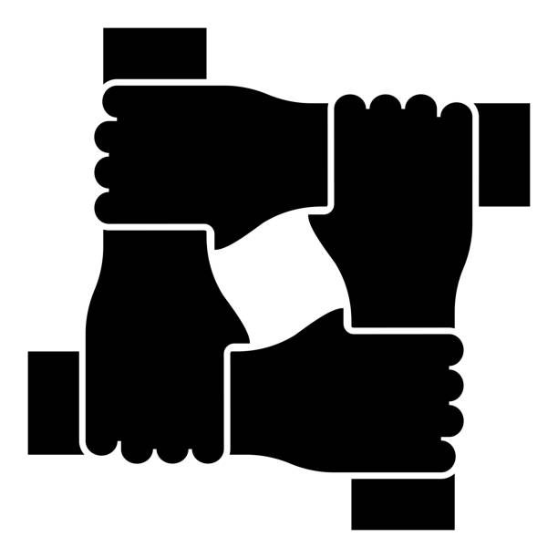 Four hands together concept teamwork united teamleading Arm interlocking with each other on wrist jointly collaboration icon black color vector illustration flat style image Four hands together concept teamwork united teamleading Arm interlocking with each other on wrist jointly collaboration icon black color vector illustration flat style simple image interlocked stock illustrations