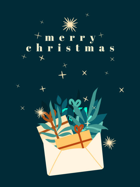 クリスマスプレゼントと緑の葉が入った白い封筒を開けます。小さな星とテキストメリークリスマス。グリーティングカードのデザイン。新年のお祝いのためのベクトルイラスト。 - greeting card christmas envelope mail点のイラスト素材／クリップアート素材／マンガ素材／アイコン素材