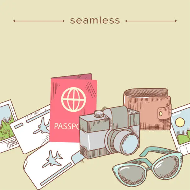 Vector illustration of Seamless Pattern Vacation Theme, Doodle Composition with Hand Drawn Photo Camera, Sunglasses, Passport and Tickets
