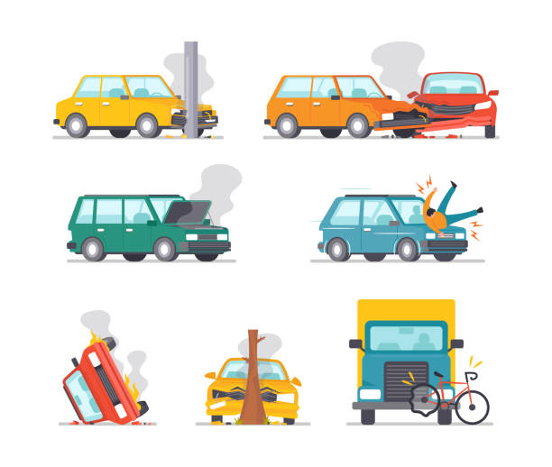 Set Car Accident on Road, Broken Automobiles Stand on Roadside with Open Hood and Steam, Car Bump into Pillar Set Car Accident on Road, Broken Automobiles Stand on Roadside with Open Hood and Steam, Car Bump into Pillar, Sedan Hit Man, Truck Bump into Bicycle. Auto Breaking Scenes. Cartoon Vector Illustration car crash accident cartoon stock illustrations