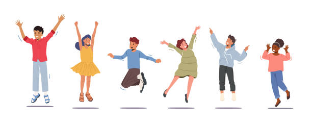 Happy Kids Stand in Row Dancing and Jumping Isolated on White Background. Little Children Rejoice, Summer Time Vacation Happy Kids Stand in Row Dancing and Jumping Isolated on White Background. Little Children Rejoice on Summer Time Vacation or Party. Cute Funny Boys and Girls Fun. Cartoon People Vector Illustration play day stock illustrations