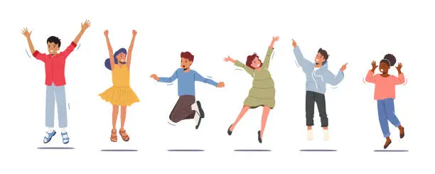 Vector illustration of Happy Kids Stand in Row Dancing and Jumping Isolated on White Background. Little Children Rejoice, Summer Time Vacation