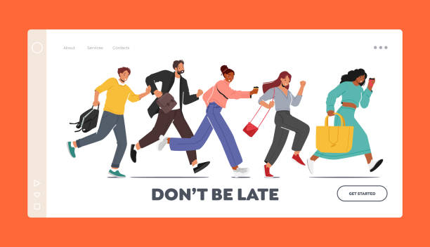 Characters Hurry at Work Landing Page Template. Businessmen, Businesswomen or Students with Bags and Coffee Run, Late Characters Hurry at Work Landing Page Template. Businessmen, Businesswomen or Students with Bags and Coffee Run, Late in Office, People in Stress Work Situation. Cartoon Vector Illustration woman running scared stock illustrations