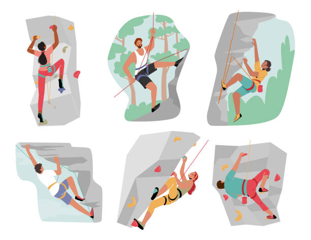 ilustraciones, imágenes clip art, dibujos animados e iconos de stock de establece personajes masculinos y femeninos escalando montañas y paredes con agarres. escaladores montañismo actividad deportiva extrema - clambering