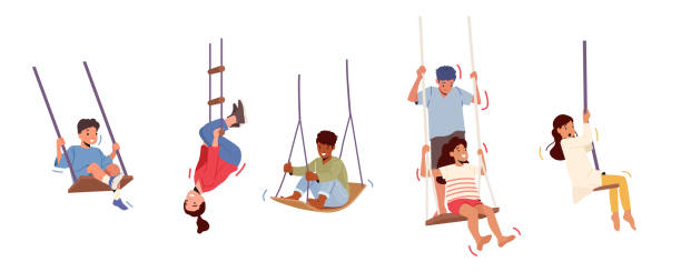 set happy boys and girls swing isolated auf weißem hintergrund. kleine kinderfiguren, die auf seilwippe sitzen - gesellschaftsspiel sommer stock-grafiken, -clipart, -cartoons und -symbole