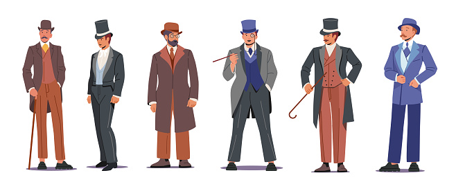 Set English Victorian Gentlemen, Aristocrats, Men of Nineteenth Century Isolated on White Background. Male Characters Wear Vintage Clothing, Elegant Suits, Hat and Glasses. Cartoon Vector Illustration