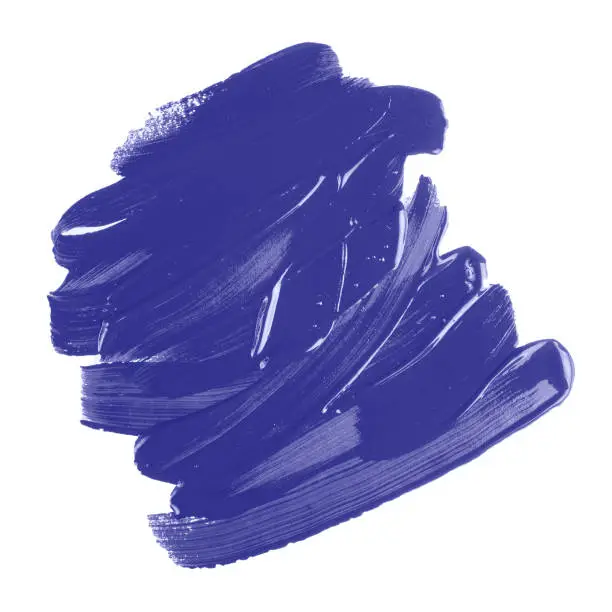 Photo of Sample of textured paint brush stroke isolated on white background. Trendy purple