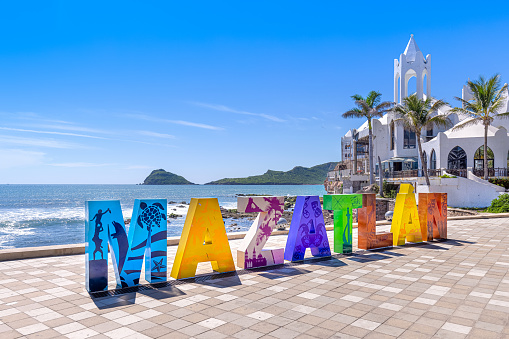 Mazatlan, Mexico, 10 September, 2021: Big Mazatlan Letters at the entrance to Golden Zone (Zona Dorada), a famous touristic beach and resort zone in Mexico