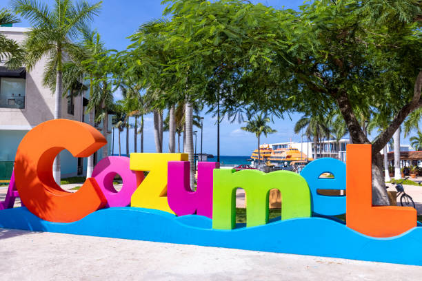 Big Cozumel Letters at the central plaza of San Miguel de Cozumel near ocean Malecon and Cancun ferry terminal stock photo