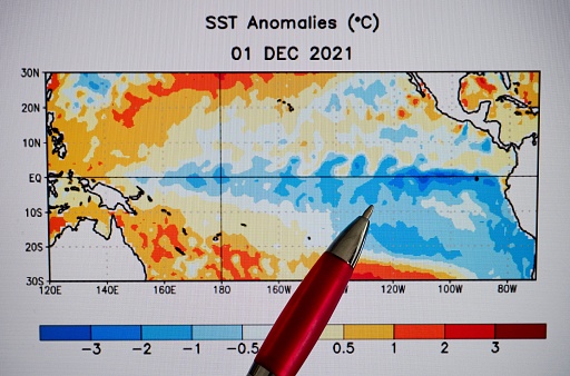 Cold Equatorial sea surface temperatures across the Pacific indicate La Nina weather pattern, typical of less stormy and warm conditions in the far southeast US. The division between this warmer air and colder air to the west may result in a stormy pattern for the mid west. Image data courtesy of NOAA.