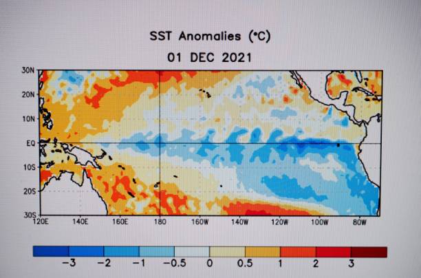 las temperaturas frías de la superficie del mar ecuatorial en todo el pacífico indican el patrón climático de la niña - correlation fotografías e imágenes de stock