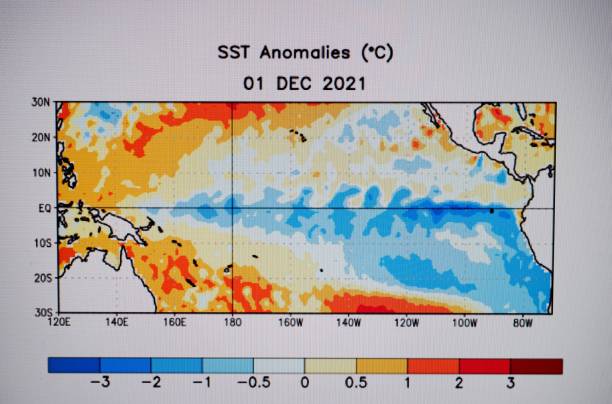 istock Cold Equatorial sea surface temperatures across the Pacific indicate La Nina weather pattern 1358662275