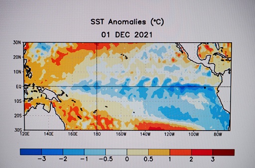 Cold Equatorial sea surface temperatures across the Pacific indicate La Nina weather pattern