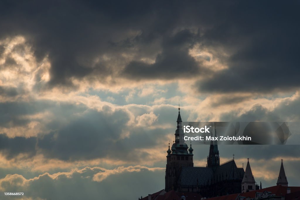 Cathedral of St. Vitus, Wenceslas and Vojtech - a Gothic Catholic cathedral in Prague Castle, seat of the Archbishop of Prague. The cathedral is ranked among the pearls of European Gothic Gothic Style Stock Photo