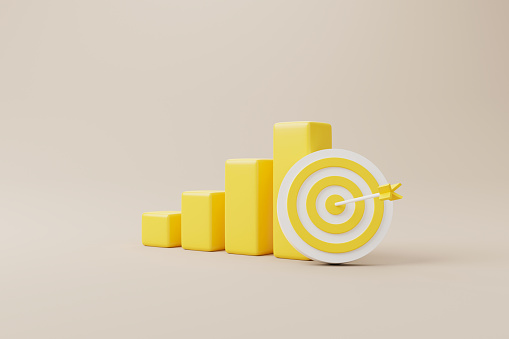 Growthing yellow graph bar with dartboard and arrow on background. Business development to success and growing growth concept. 3d rendering illustration