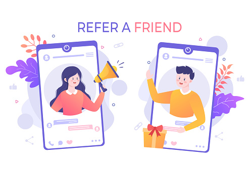Refer a Friend Flat Design Illustration with Megaphone on Screen Mobile Phone and Social Media Marketing for Friends via Banner, Background or Poster