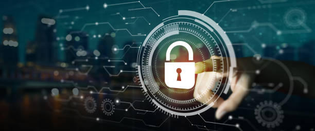 istock Businessman hand with Data protection Cyber Security Privacy Hologram. 1358672868