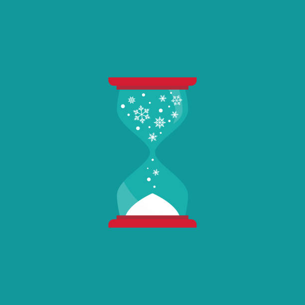 붉은 모래 시계, 흰색 눈송이와 모래 시계. 벡터 플랫 홀리데이 아이콘. - hourglass clock sand countdown stock illustrations