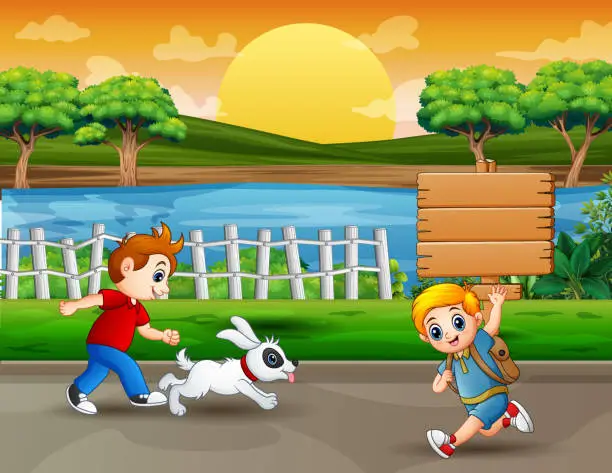 Vector illustration of Cartoon the children running on the road