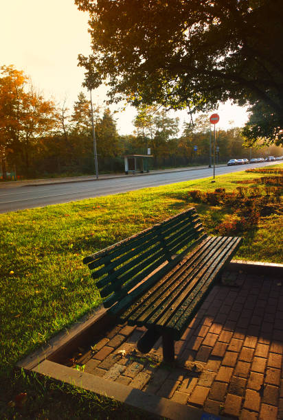 empty bench in autumn park background - 2779 imagens e fotografias de stock