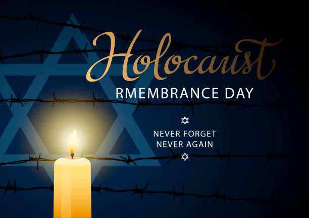 Remembering the Holocaust The commemoration of Holocaust Remembrance Day, remembering the holocaust tragedy of Jews that occurred during the Second World War with barbed wire and candle igniting the Star of David background holocaust memorial day stock illustrations