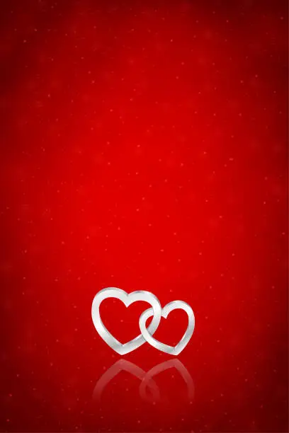 Vector illustration of Silver White colored three dimensional or 3 D  vertical  with two entangled hearts over dark bright vibrant red maroon festive glowing glittering smudged vector backgrounds for Valentine or anniversary love romantic greeting cards, posters and banners