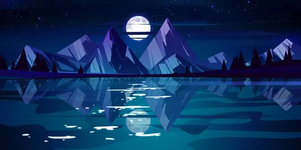 Vector illustration of Night landscape with lake, mountains and trees