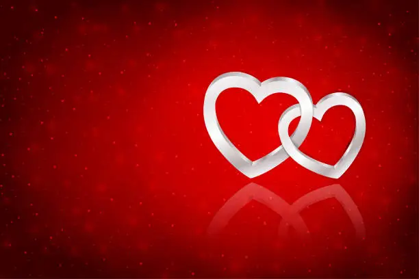 Vector illustration of Silver White colored three dimensional or 3 D horizontal with two entangled hearts over dark bright vibrant red maroon festive glowing glittering smudged vector backgrounds for Valentine or anniversary love romantic greeting cards, posters and banners