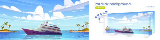 Parallax background with sunken cruise ship in sea Sunken cruise ship in sea harbor with palm trees on sand beach. Vector parallax background for 2d animation with cartoon tropical summer landscape with old passenger liner sinking in ocean sinking ship vector stock illustrations
