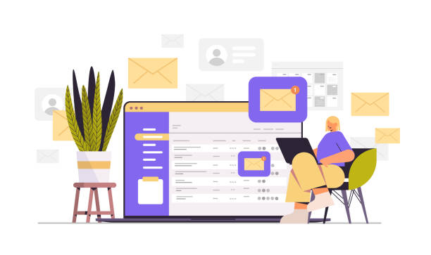 businesswoman sending or receiving letters email inbox message notification new unread mail business communication businesswoman sending or receiving letters email inbox message notification new unread mail business communication concept horizontal full length vector illustration unread messages illustrations stock illustrations