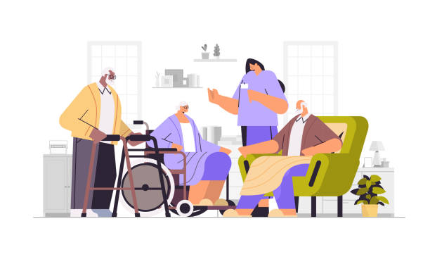 illustrazioni stock, clip art, cartoni animati e icone di tendenza di infermiere amichevole o volontario che sostiene gli anziani mix razza persone assistenza domiciliare servizi sanitari orizzontali - senior adult wheelchair community family
