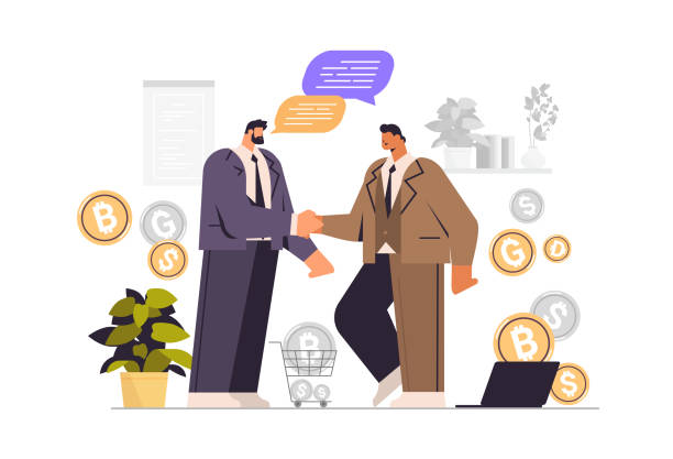 ilustraciones, imágenes clip art, dibujos animados e iconos de stock de empresarios que se dan la mano socios comerciales discutiendo durante la reunión el concepto de trabajo en equipo de la asociación de apretón de manos - businessman two people business person handshake