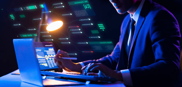 istock Finance business investment data analytics strategy report, crypto currency blockchain stock exchange graph chart and business man in suit typing on keyboard computer, financial and technology. 1358691777