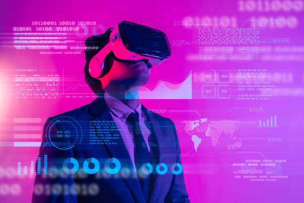 future game gamefi and entertainment digital technology. teenager having fun play vr virtual reality glasses sport game metaverse nft game 3d cyber space futuristic neon colorful background. - metaverse stockfoto's en -beelden