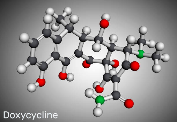 istock Doxycycline molecule. It is broad-spectrum tetracycline antibiotic used to treat a wide variety of bacterial infections. Molecular model. 3D rendering 1358691802