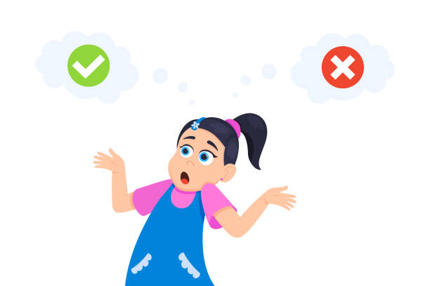 Little doubt girl kid between right and wrong check marks flat style design vector illustration Little doubt girl kid between right and wrong check marks flat style design vector illustration isolated on white background. Cute girl thinking about something right and wrong choice concept. academic integrity stock illustrations