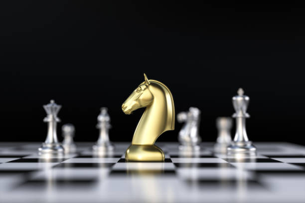 istock Golden Horse chess pieces on the chessboard. 3D Render 1358696710