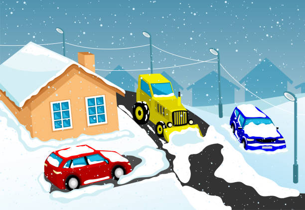 Tractor clearing the road of snow and cars. Illustration of a tractor clearing the road of snow and cars in the snow on a winter background. snow storm city stock illustrations