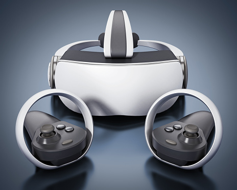 Generic virtual reality headset with left and right hand controllers.