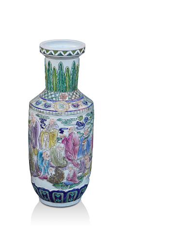 Front view Di cut antique big ceramic vase on white background, vintage, object, copy space