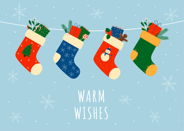 Christmas greeting card with colorful christmas socks. Christmas winter design element in doodle style. Vector illustration christmas stocking stock illustrations