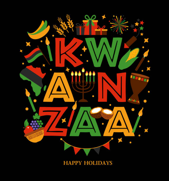 ilustraciones, imágenes clip art, dibujos animados e iconos de stock de ilustración vectorial de kwanzaa. símbolos africanos navide ños con letras sobre fondo negro. - kwanzaa