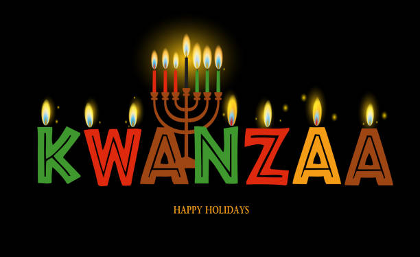 banner für kwanzaa mit traditionellen farben und kerzen auf gelbem hintergrund, die die sieben prinzipien oder nguzo saba darstellen. - kwanzaa stock-grafiken, -clipart, -cartoons und -symbole