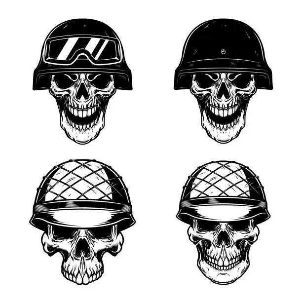 Vector illustration of Soldier skull in military helmet. Design element for label, sign. Vector illustration