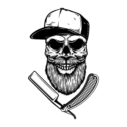 Bearded skull with barber razor. Design element for label, sign, emblem. Vector illustration