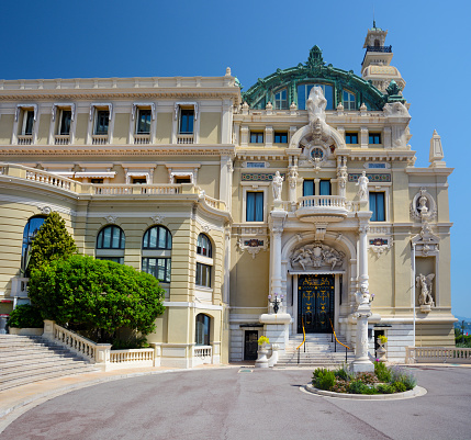 West facade of the Salle Garnier, Opera de Monte-Carlo, Monaco. It opened in 1879