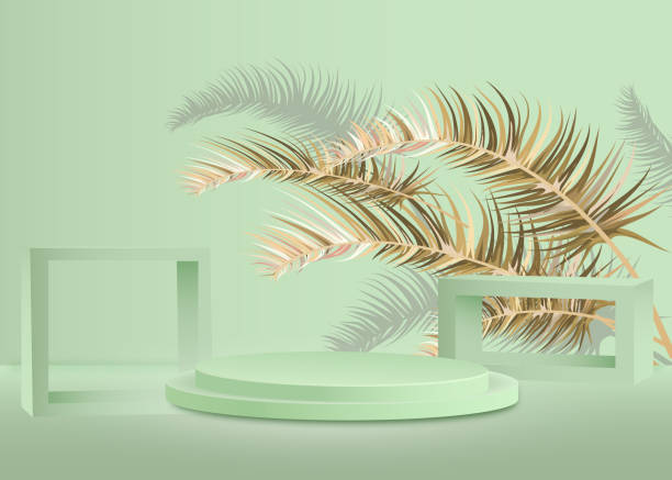 istock Background vector 3d green pastel rendering with podium and minimal green scene, palm leaf 1358705177