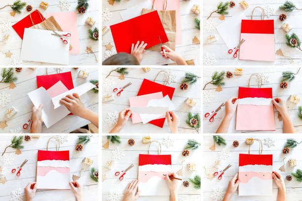 istock DIY Step-by-step guide instructions for Christmas paper bag for children. New year pack with Santa made of colored paper, glue and scissors. Fine motor skills. Winter holidays time. Handmade. 1358706151