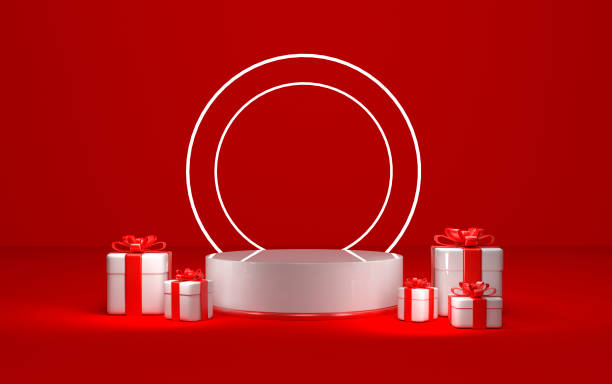 istock 3d rendering gift boxes podium pedestal on red background for advertising product design with place for text 1358706181