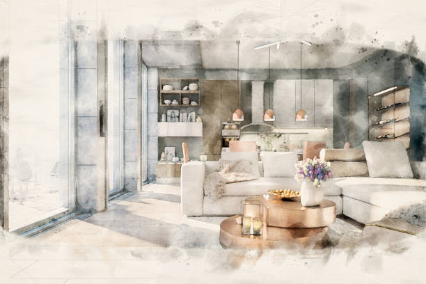 Penthouse Open Area Loft in Design- Watercolor Collection stock photo